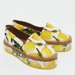 Pre Owned Dolce & Gabbana Yellow Lemon Print Fabric Platform Espadrille Flats Size 36