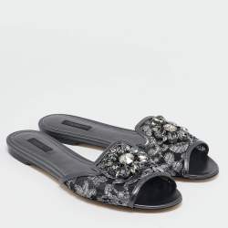Pre Owned Dolce & Gabbana Black Lace Bianca Flat Slides Size 42