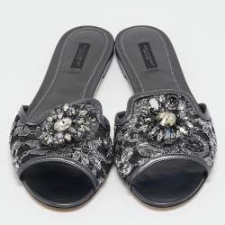 Pre Owned Dolce & Gabbana Black Lace Bianca Flat Slides Size 42