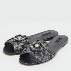 Pre Owned Dolce & Gabbana Black Lace Bianca Flat Slides Size 42