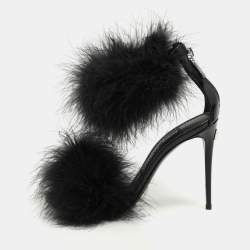 Dolce & Gabbana Black Patent Leather and Turkey Feather Ankle Strap Sandals Size 36