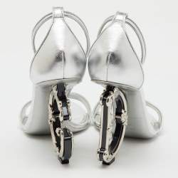 Dolce & Gabbana Silver Leather Keira Baroque DG Heel Ankle Strap Sandals Size 38