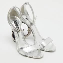 Dolce & Gabbana Silver Leather Keira Baroque DG Heel Ankle Strap Sandals Size 38