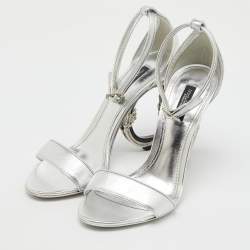 Dolce & Gabbana Silver Leather Keira Baroque DG Heel Ankle Strap Sandals Size 38