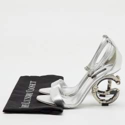 Dolce & Gabbana Silver Leather Keira Baroque DG Heel Ankle Strap Sandals Size 38