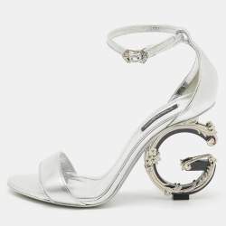 Dolce & Gabbana Silver Leather Keira Baroque DG Heel Ankle Strap Sandals Size 38