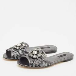 Dolce & Gabbana Metallic Lace and Leather Bianca Flat Sandals Size 38