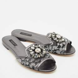 Dolce & Gabbana Metallic Lace and Leather Bianca Flat Sandals Size 38