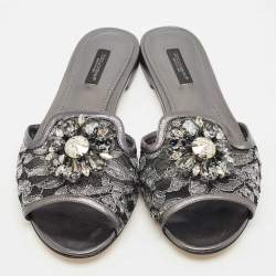 Dolce & Gabbana Metallic Lace and Leather Bianca Flat Sandals Size 38