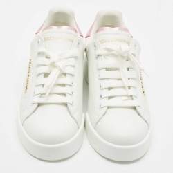 Pre Owned Dolce & Gabbana White/Pink Leather Portofino Low Top Sneakers Size 39