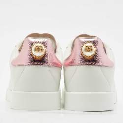 Pre Owned Dolce & Gabbana White/Pink Leather Portofino Low Top Sneakers Size 39