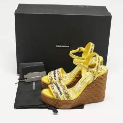 Dolce & Gabbana Yellow Embroidered Canvas Majolica Wedge Sandals Size 38