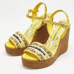 Dolce & Gabbana Yellow Embroidered Canvas Majolica Wedge Sandals Size 38