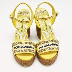 Dolce & Gabbana Yellow Embroidered Canvas Majolica Wedge Sandals Size 38