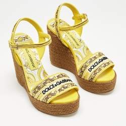 Dolce & Gabbana Yellow Embroidered Canvas Majolica Wedge Sandals Size 38
