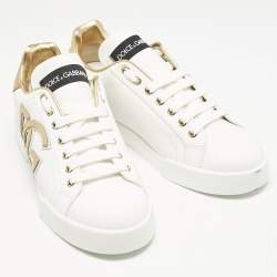 Dolce & Gabbana White/Gold Leather Portofino DG Logo Sneakers Size 39
