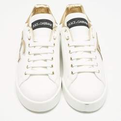 Dolce & Gabbana White/Gold Leather Portofino DG Logo Sneakers Size 39