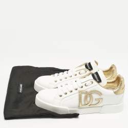Dolce & Gabbana White/Gold Leather Portofino DG Logo Sneakers Size 39