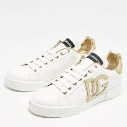 Dolce & Gabbana White/Gold Leather Portofino DG Logo Sneakers Size 39