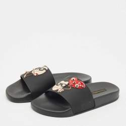 Pre Owned Dolce & Gabbana Black Rubber and Leather Patch Pool Slides Size 37