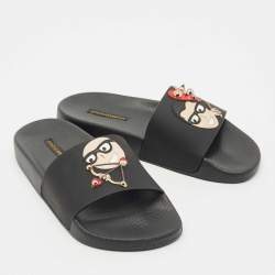 Pre Owned Dolce & Gabbana Black Rubber and Leather Patch Pool Slides Size 37