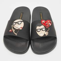 Pre Owned Dolce & Gabbana Black Rubber and Leather Patch Pool Slides Size 37