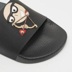Pre Owned Dolce & Gabbana Black Rubber and Leather Patch Pool Slides Size 37