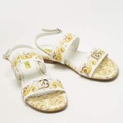 Pre Owned Dolce & Gabbana Yellow/White Majolica Print Leather Flat Sandals Size 37