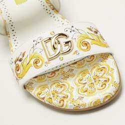 Pre Owned Dolce & Gabbana Yellow/White Majolica Print Leather Flat Sandals Size 37