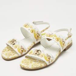Pre Owned Dolce & Gabbana Yellow/White Majolica Print Leather Flat Sandals Size 37