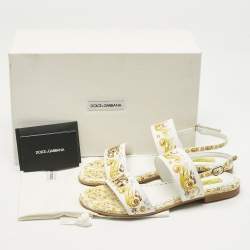 Pre Owned Dolce & Gabbana Yellow/White Majolica Print Leather Flat Sandals Size 37