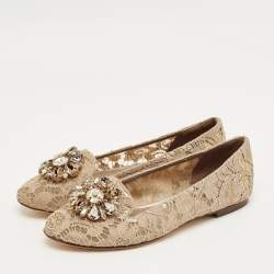 Pre Owned Dolce & Gabbana Beige Lace Taormina Crystal Ballet Flats Size 37