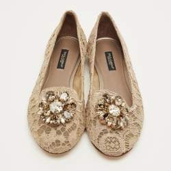 Pre Owned Dolce & Gabbana Beige Lace Taormina Crystal Ballet Flats Size 37