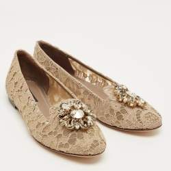 Pre Owned Dolce & Gabbana Beige Lace Taormina Crystal Ballet Flats Size 37
