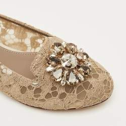 Pre Owned Dolce & Gabbana Beige Lace Taormina Crystal Ballet Flats Size 37