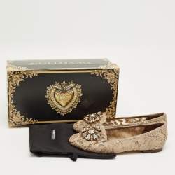 Pre Owned Dolce & Gabbana Beige Lace Taormina Crystal Ballet Flats Size 37
