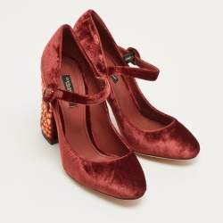 Pre Owned Dolce & Gabbana Burgundy Velvet Crystal Embellish Block Heel Pumps Size 36.5