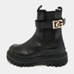 Pre Owned Dolce & Gabbana Black Leather DG Logo Combat Boots Size 37
