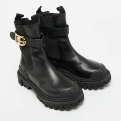 Pre Owned Dolce & Gabbana Black Leather DG Logo Combat Boots Size 37