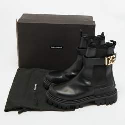 Pre Owned Dolce & Gabbana Black Leather DG Logo Combat Boots Size 37