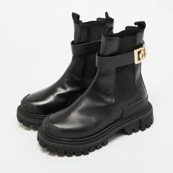 Pre Owned Dolce & Gabbana Black Leather DG Logo Combat Boots Size 37