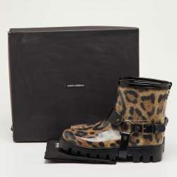 Pre Owned Dolce & Gabbana Brown/Black Leopard Print Rubber Ankle Rain Boots Size 40