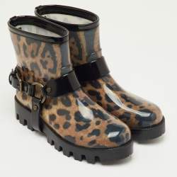 Pre Owned Dolce & Gabbana Brown/Black Leopard Print Rubber Ankle Rain Boots Size 40