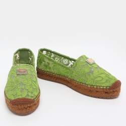 Pre Owned Dolce & Gabbana Taormina Size 39 Green Lace Espadrille Flats