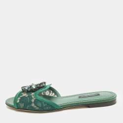 Pre Owned Dolce & Gabbana Bianca Size 36 Green Lace and Satin Flat Slide