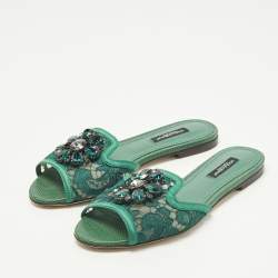 Pre Owned Dolce & Gabbana Bianca Size 36 Green Lace and Satin Flat Slide