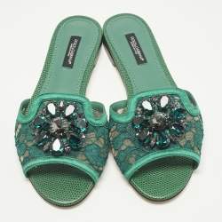 Pre Owned Dolce & Gabbana Bianca Size 36 Green Lace and Satin Flat Slide
