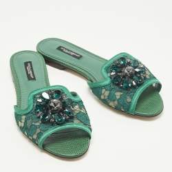 Pre Owned Dolce & Gabbana Bianca Size 36 Green Lace and Satin Flat Slide