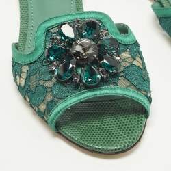 Pre Owned Dolce & Gabbana Bianca Size 36 Green Lace and Satin Flat Slide