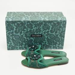 Pre Owned Dolce & Gabbana Bianca Size 36 Green Lace and Satin Flat Slide